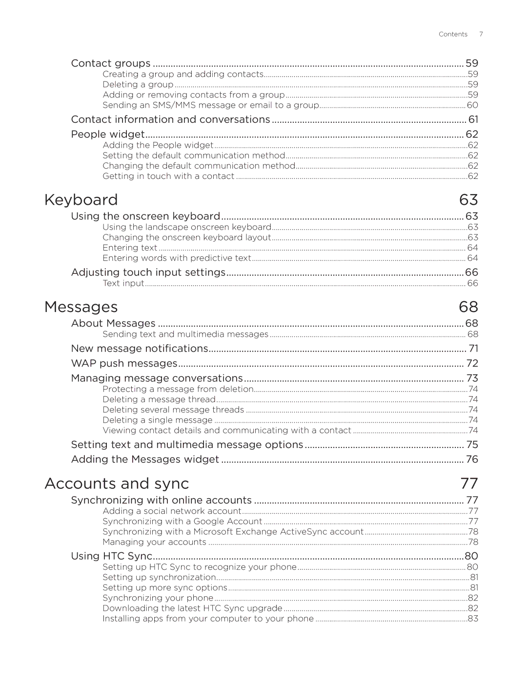 HTC Aria manual Keyboard, Messages, Accounts and sync, Setting text and multimedia message options 