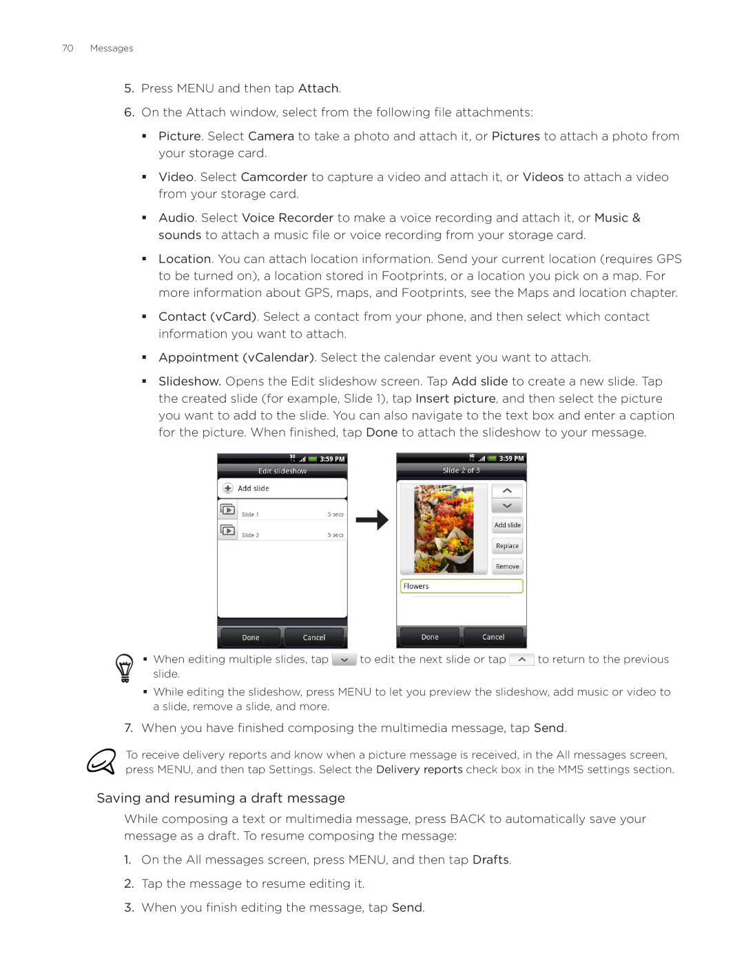 HTC Aria manual Saving and resuming a draft message 