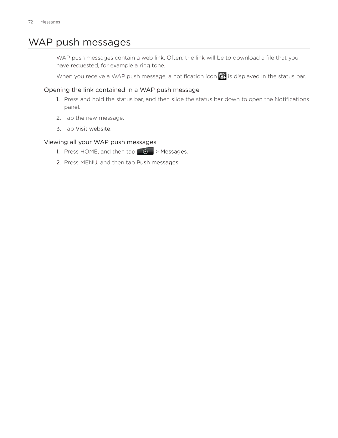 HTC Aria manual Opening the link contained in a WAP push message, Viewing all your WAP push messages 