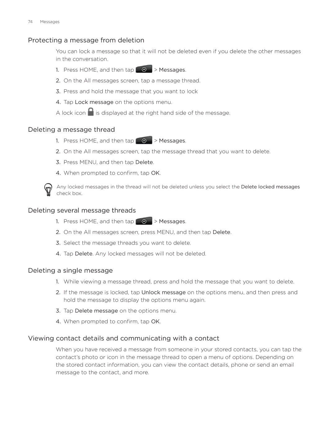 HTC Aria manual Protecting a message from deletion, Deleting a message thread, Deleting several message threads 