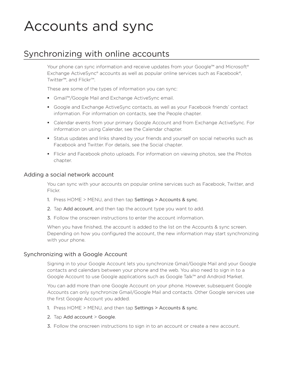 HTC Aria manual Accounts and sync, Synchronizing with online accounts, Adding a social network account 