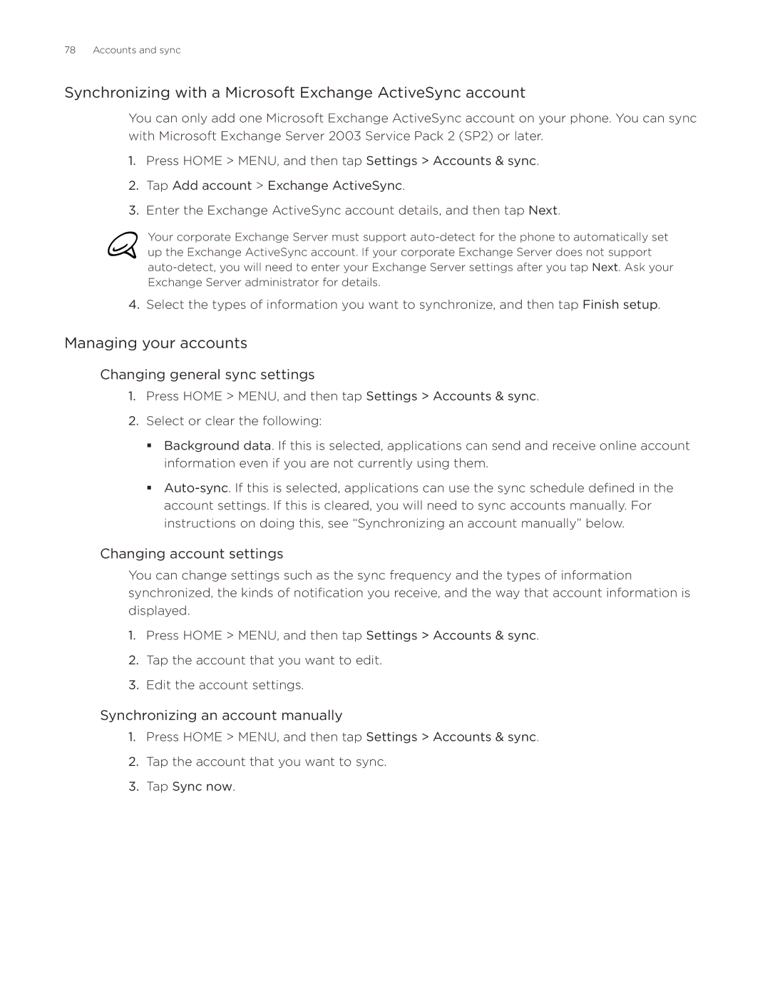 HTC Aria Synchronizing with a Microsoft Exchange ActiveSync account, Managing your accounts, Changing account settings 