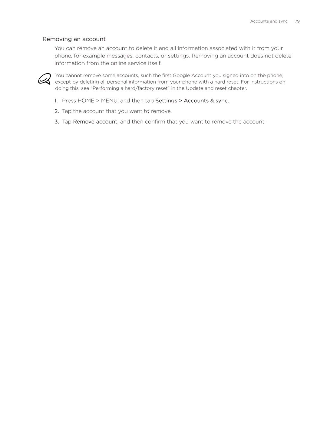 HTC Aria manual Removing an account 