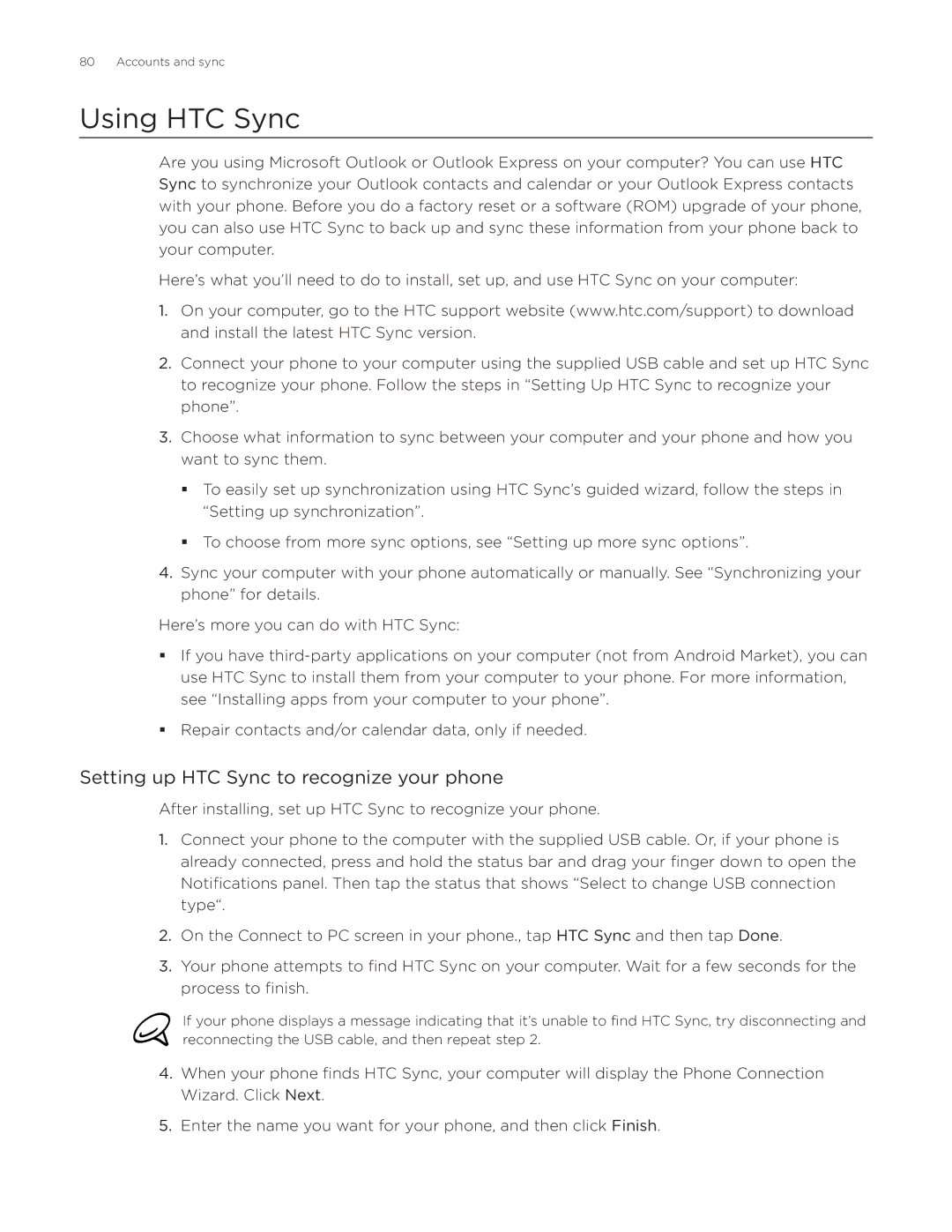 HTC Aria manual Using HTC Sync, Setting up HTC Sync to recognize your phone 