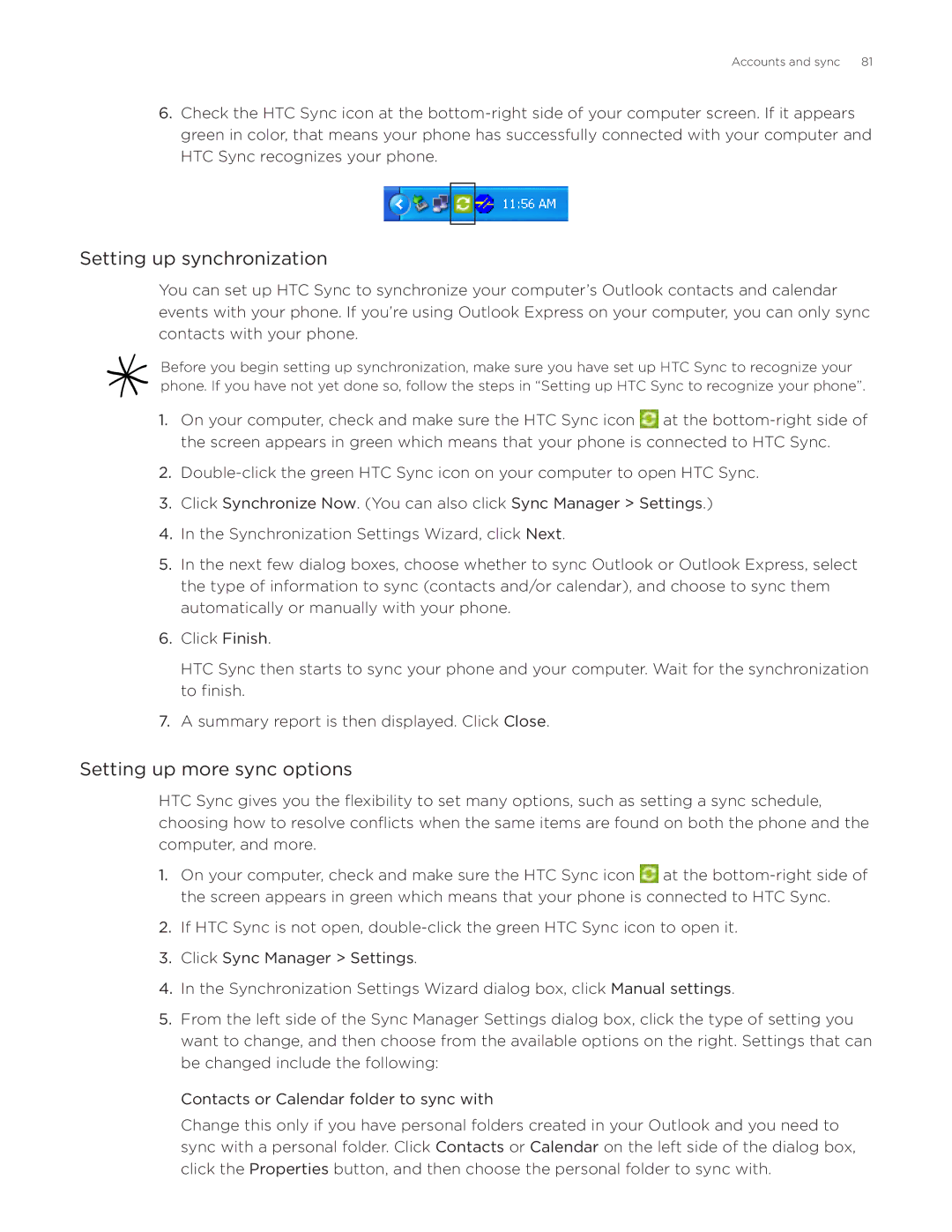 HTC Aria manual Setting up synchronization, Setting up more sync options 