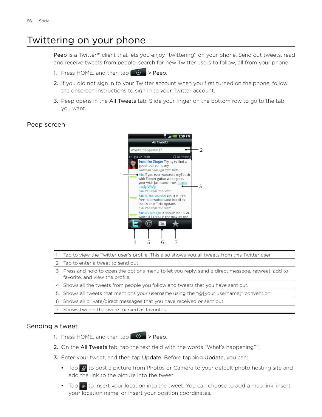 HTC Aria manual Twittering on your phone, Peep screen, Sending a tweet 