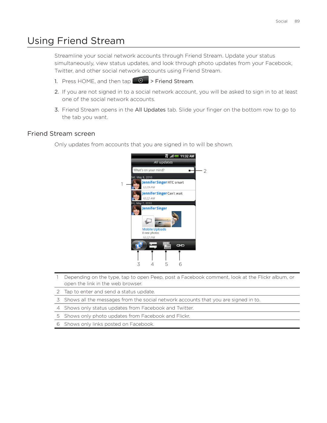 HTC Aria manual Using Friend Stream, Friend Stream screen 