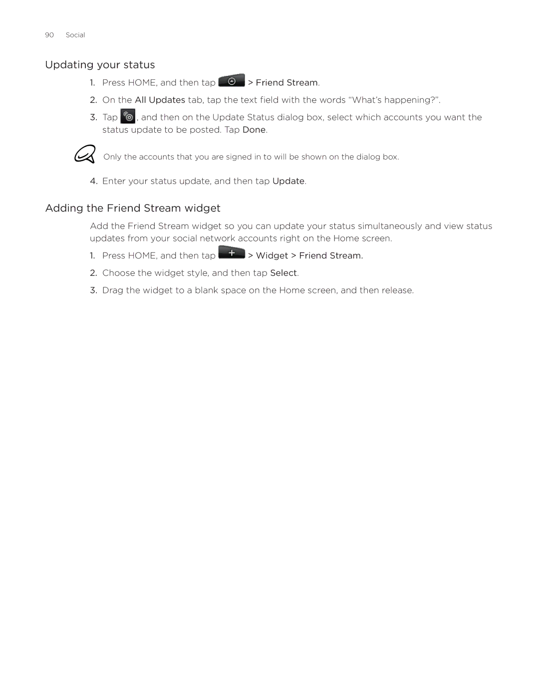 HTC Aria manual Updating your status, Adding the Friend Stream widget 