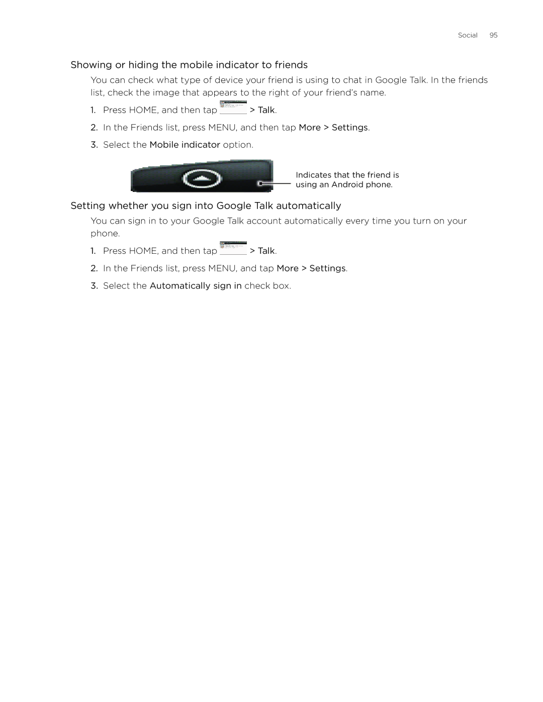 HTC Aria manual Showing or hiding the mobile indicator to friends, Setting whether you sign into Google Talk automatically 