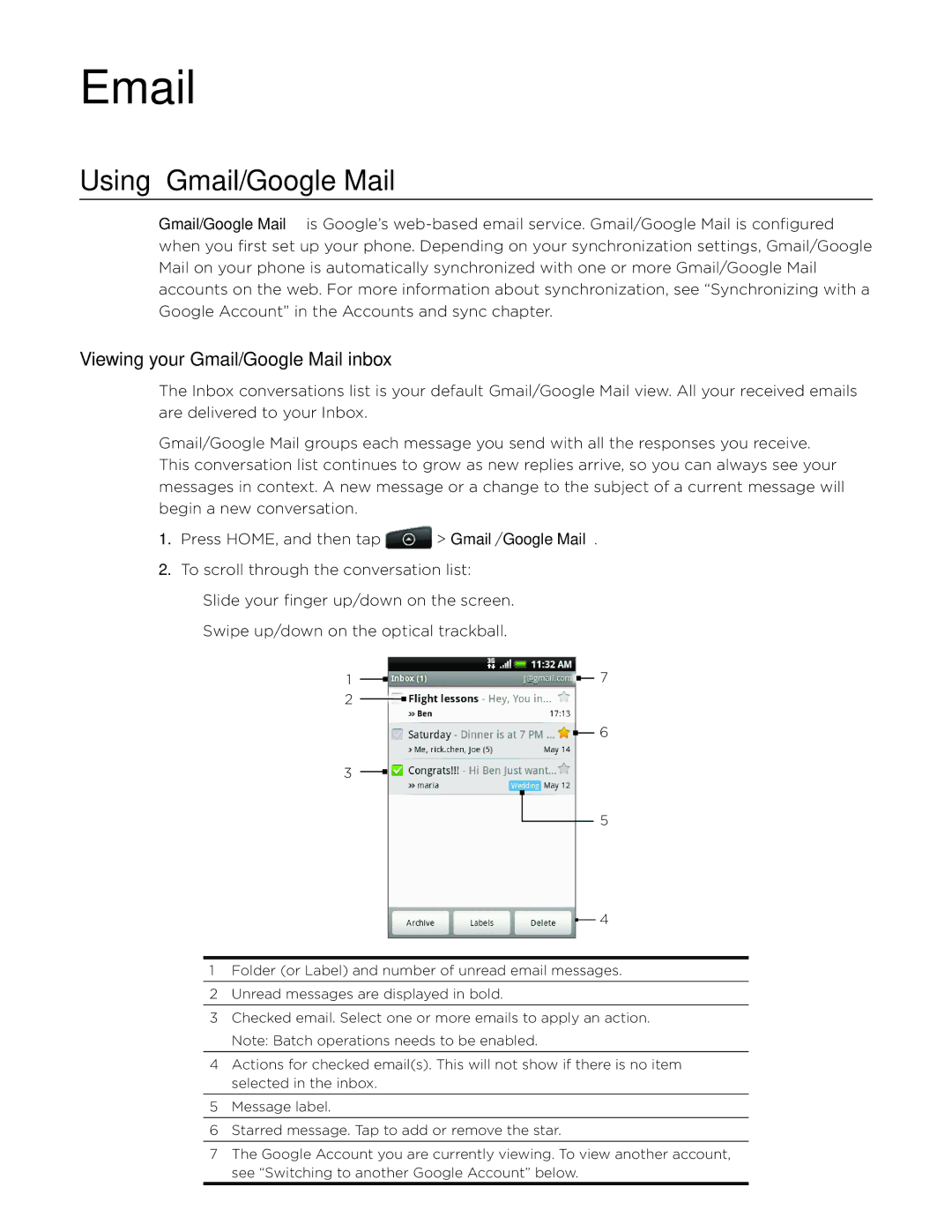 HTC Aria manual Using Gmail/Google Mail, Viewing your Gmail/Google Mail inbox 