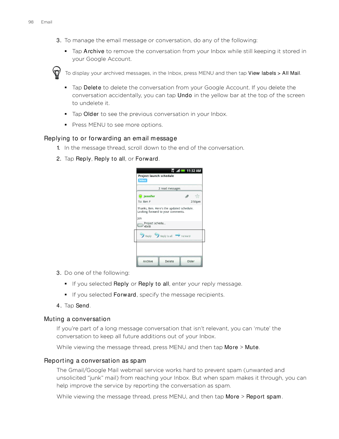 HTC Aria manual Replying to or forwarding an email message, Muting a conversation, Reporting a conversation as spam 