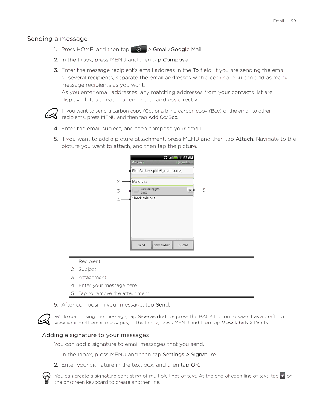 HTC Aria manual Sending a message, Adding a signature to your messages 