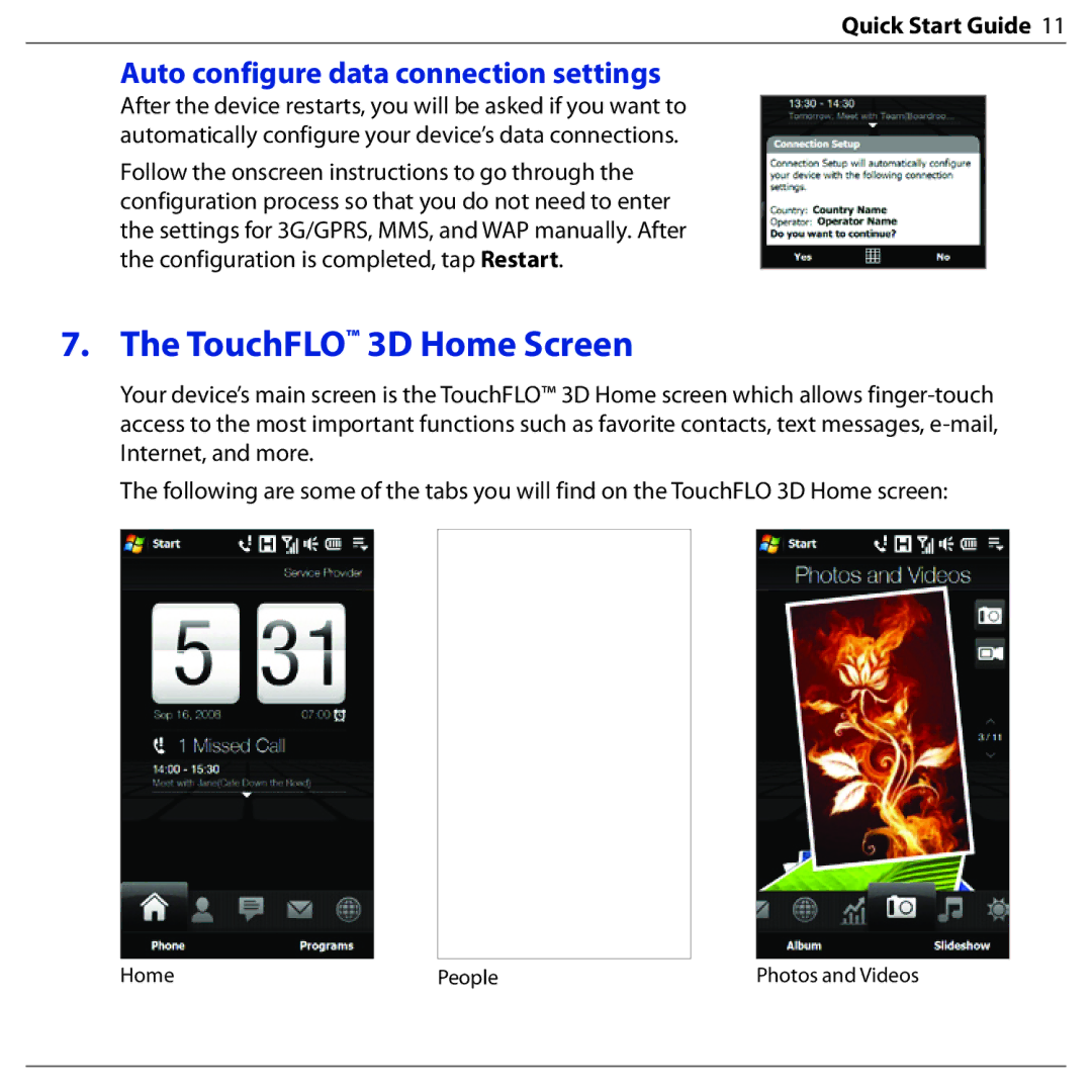 HTC BLAC100 quick start TouchFLO 3D Home Screen, Auto configure data connection settings 