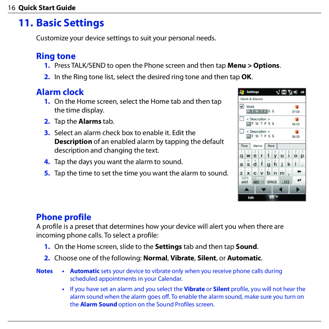 HTC BLAC100 quick start Basic Settings, Ring tone, Alarm clock, Phone profile 