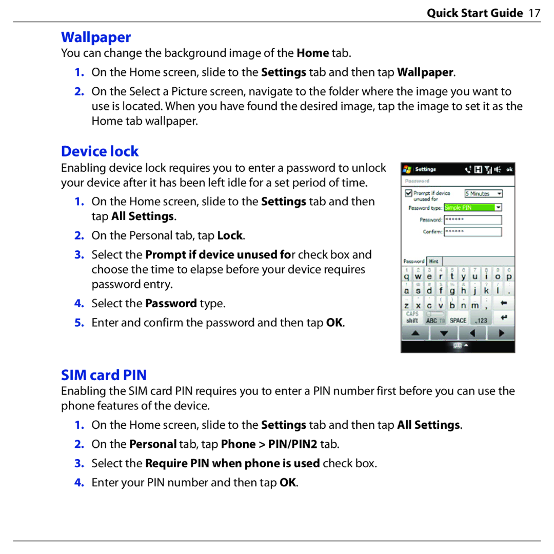 HTC BLAC100 quick start Wallpaper, Device lock, SIM card PIN 