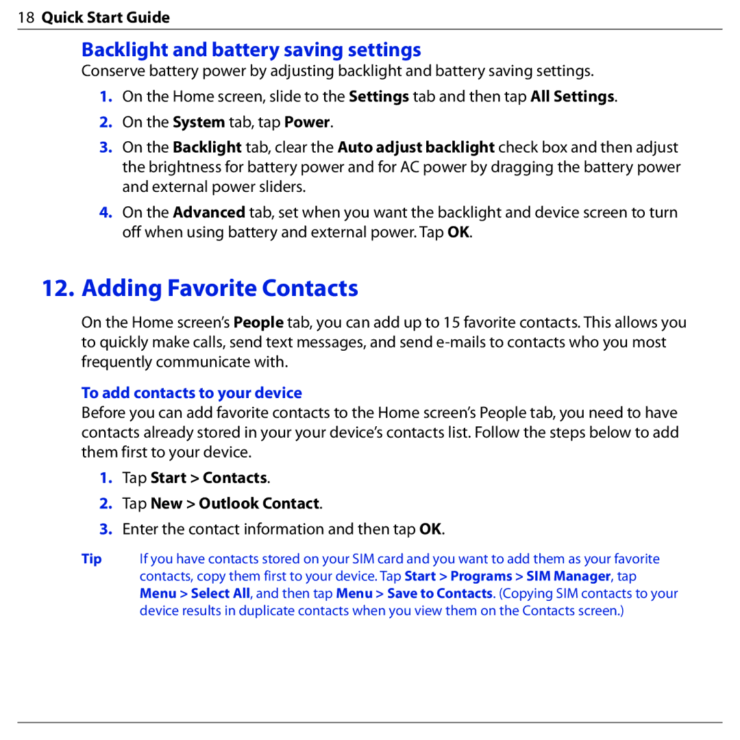 HTC BLAC100 quick start Adding Favorite Contacts, Backlight and battery saving settings, To add contacts to your device 