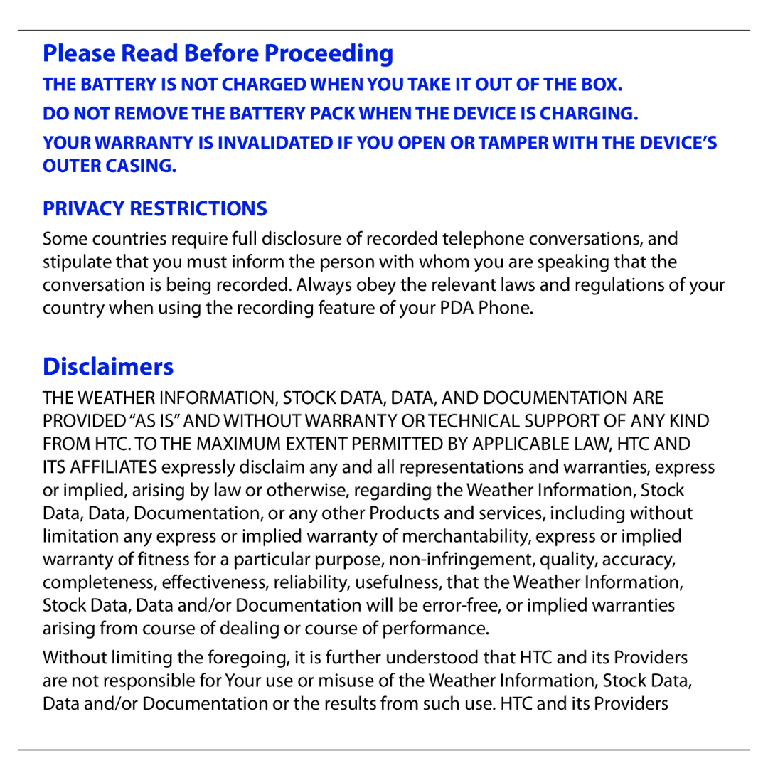 HTC BLAC100 quick start Please Read Before Proceeding, Disclaimers 