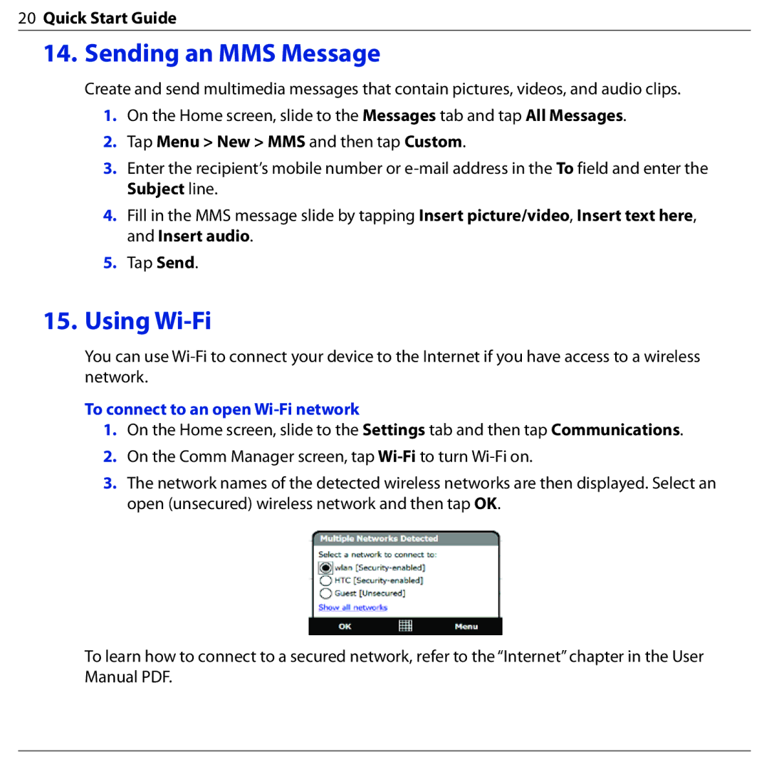 HTC BLAC100 quick start Sending an MMS Message, Using Wi-Fi, To connect to an open Wi-Fi network 