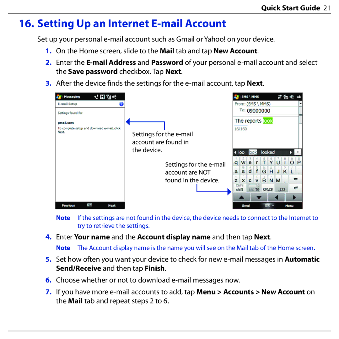 HTC BLAC100 quick start Setting Up an Internet E-mail Account 