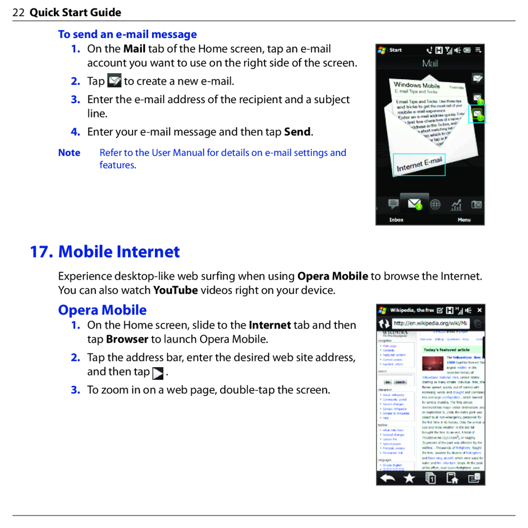 HTC BLAC100 quick start Mobile Internet, Opera Mobile, To send an e-mail message 