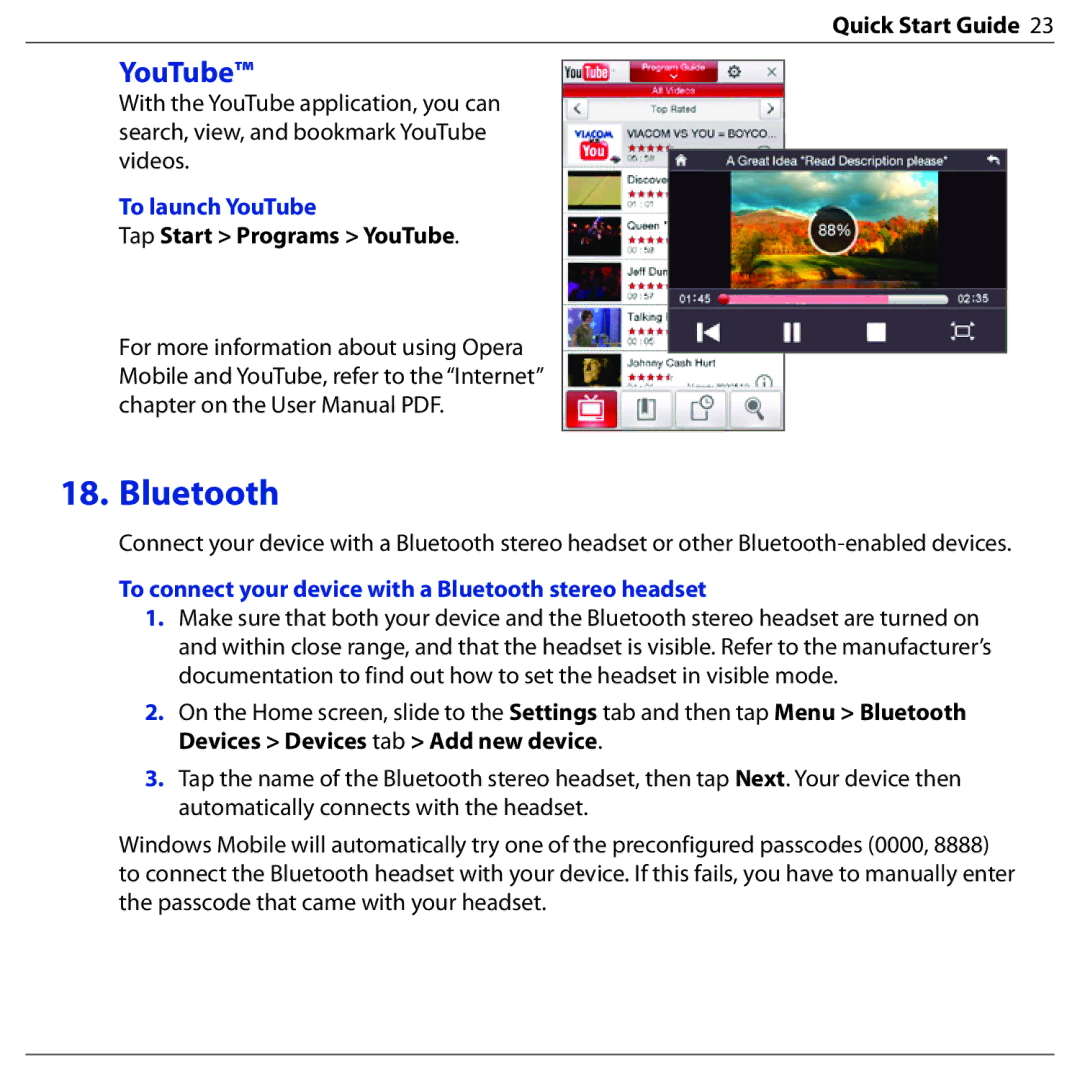 HTC BLAC100 quick start To launch YouTube, To connect your device with a Bluetooth stereo headset 