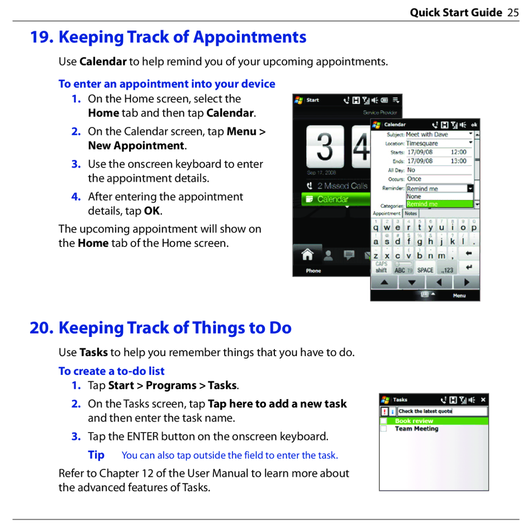 HTC BLAC100 Keeping Track of Appointments, Keeping Track of Things to Do, To enter an appointment into your device 