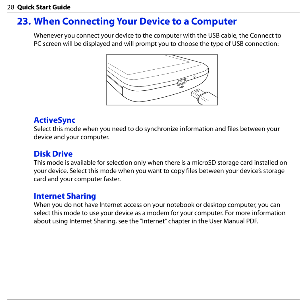 HTC BLAC100 quick start When Connecting Your Device to a Computer, ActiveSync, Disk Drive, Internet Sharing 