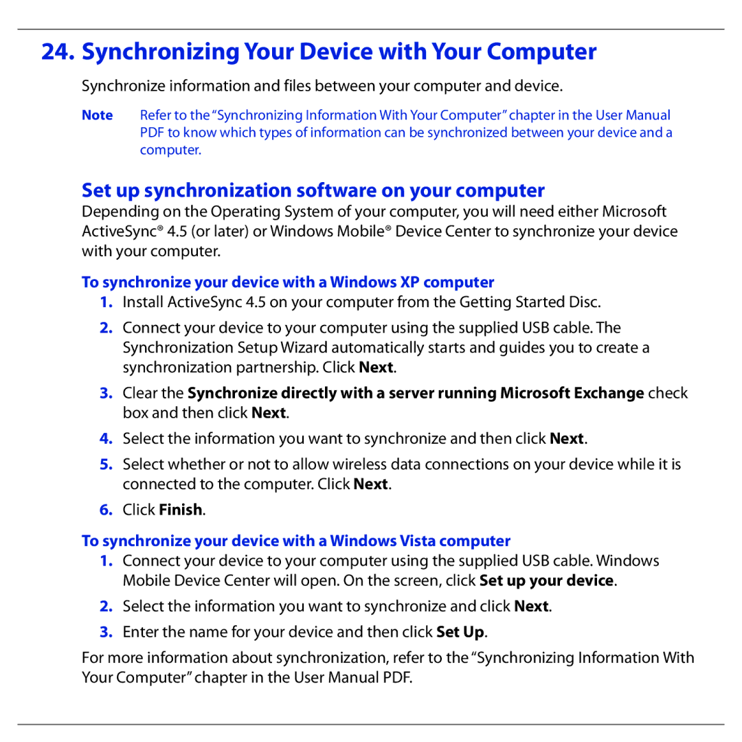 HTC BLAC100 quick start Synchronizing Your Device with Your Computer, Set up synchronization software on your computer 