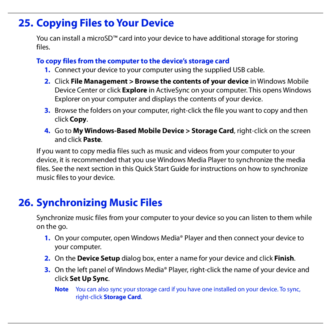 HTC BLAC100 quick start Copying Files to Your Device, Synchronizing Music Files 