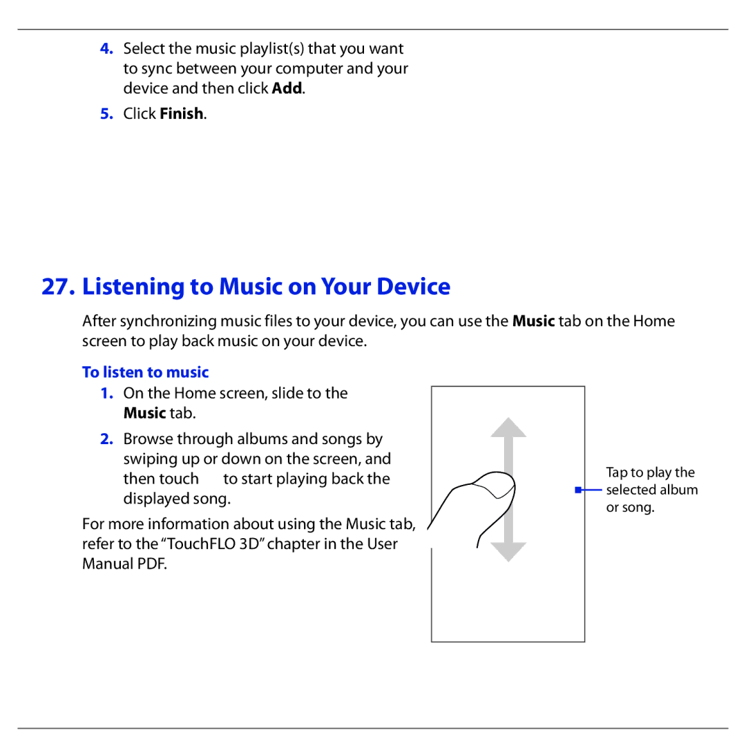 HTC BLAC100 quick start Listening to Music on Your Device, To listen to music 