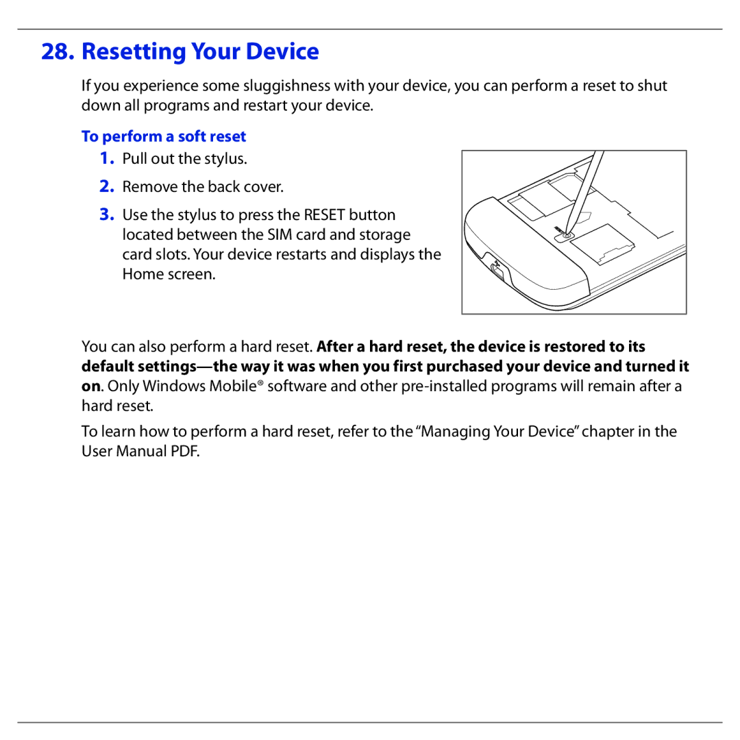 HTC BLAC100 quick start Resetting Your Device, To perform a soft reset 