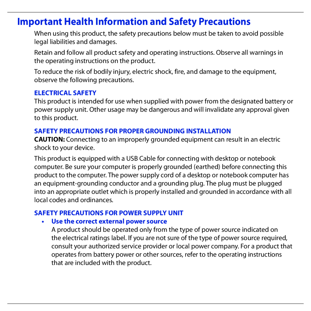 HTC BLAC100 quick start Important Health Information and Safety Precautions, Use the correct external power source 