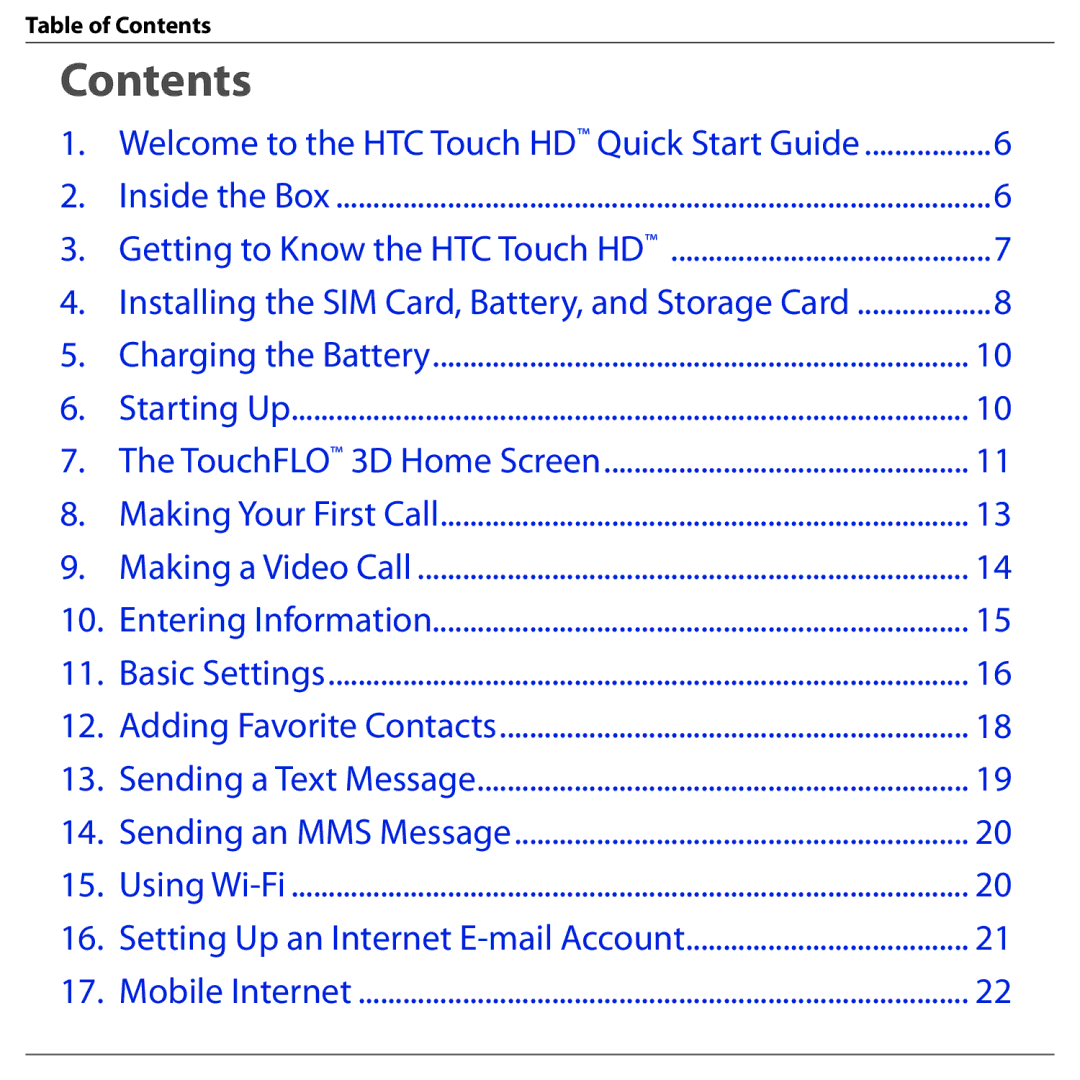 HTC BLAC100 quick start Contents 