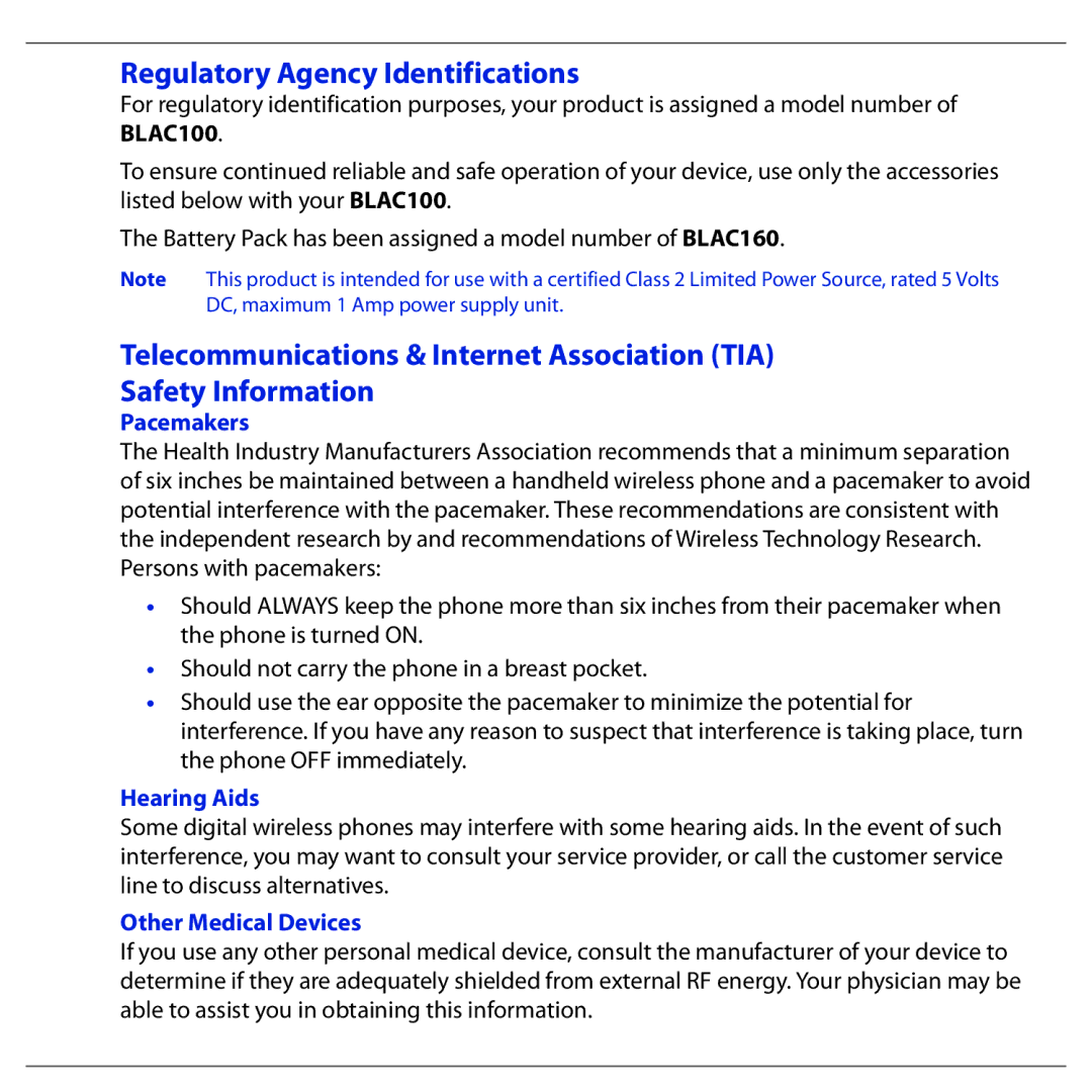 HTC BLAC100 quick start Regulatory Agency Identifications, Pacemakers, Hearing Aids, Other Medical Devices 