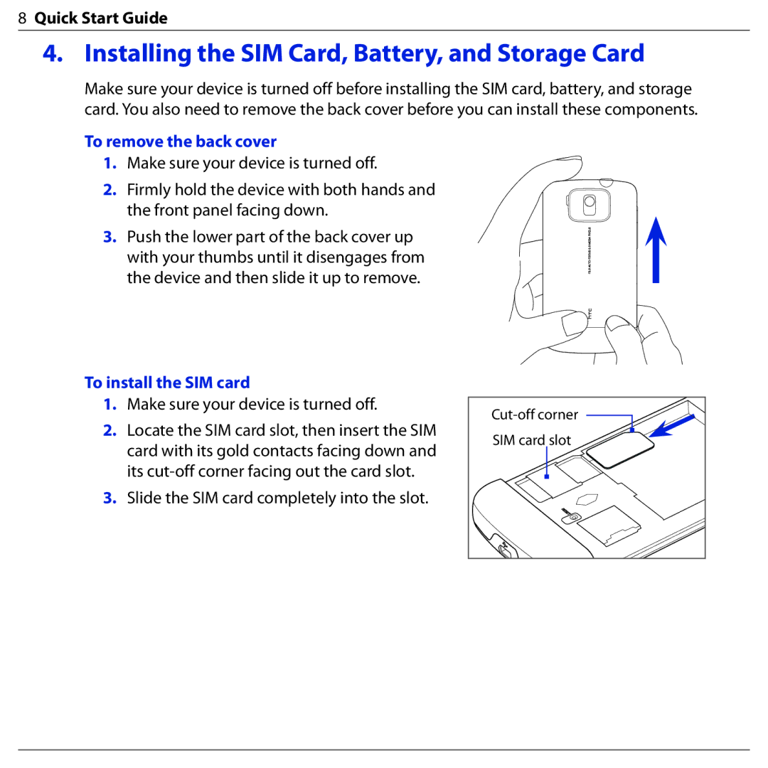 HTC BLAC100 Installing the SIM Card, Battery, and Storage Card, To remove the back cover, To install the SIM card 