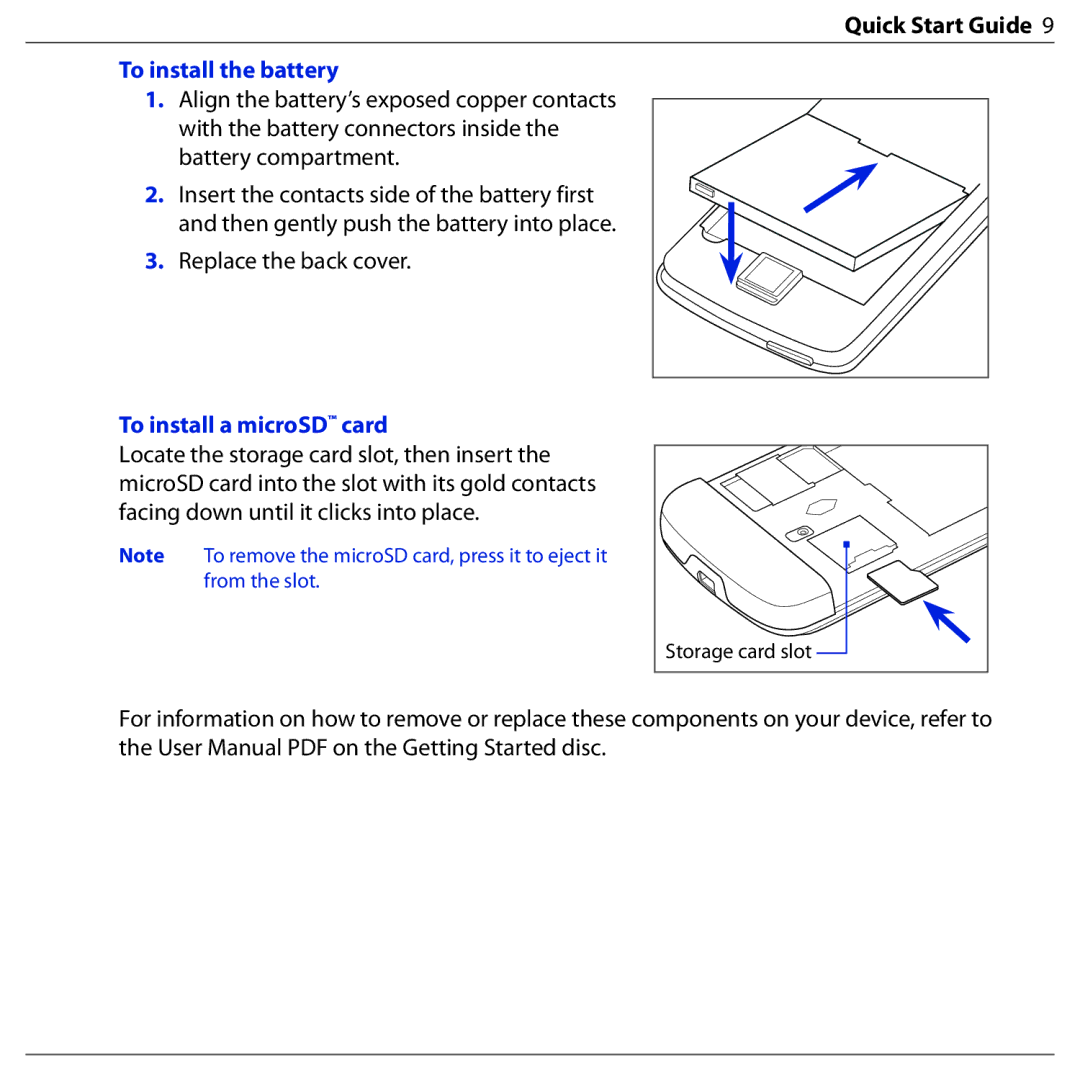 HTC BLAC100 quick start To install the battery, To install a microSD card 