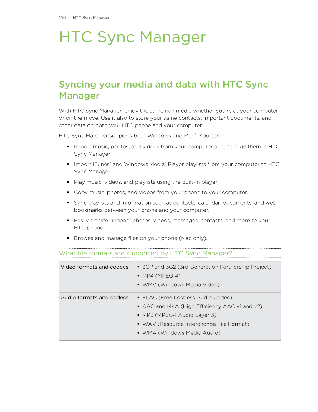 HTC Butterfly Syncing your media and data with HTC Sync Manager, What file formats are supported by HTC Sync Manager? 