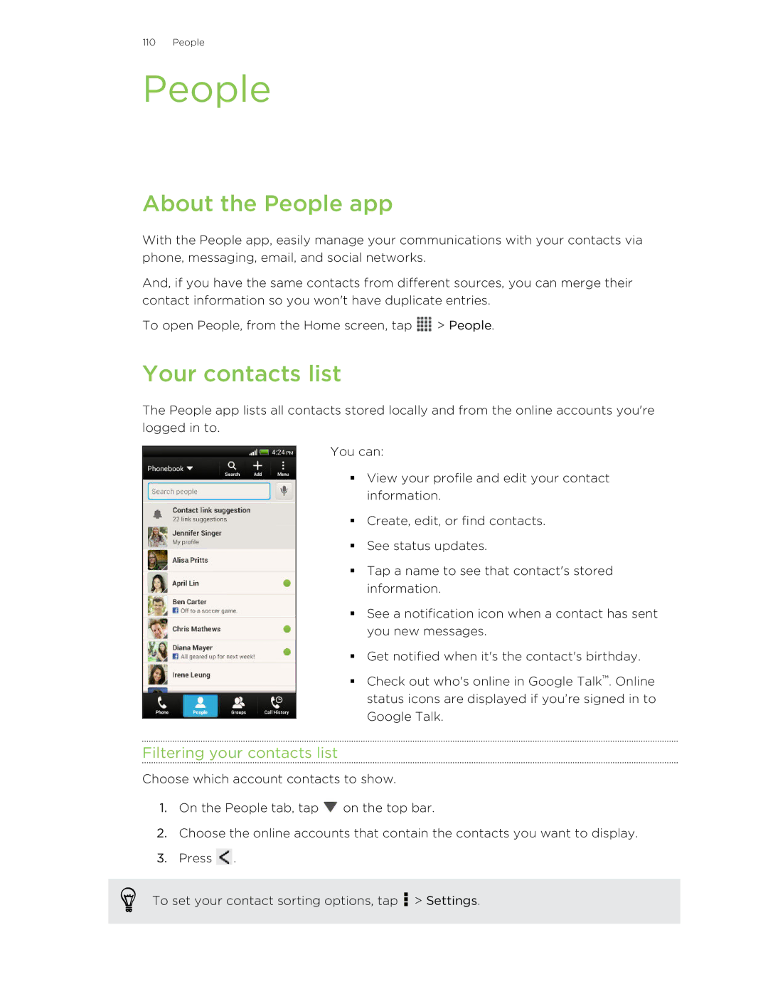 HTC Butterfly manual About the People app, Your contacts list, Filtering your contacts list 