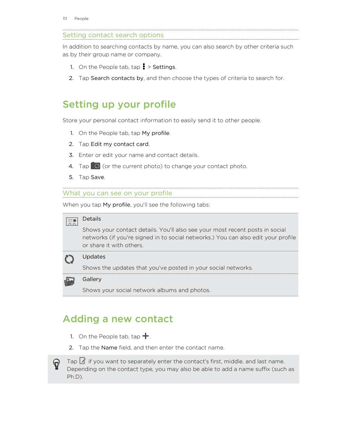 HTC Butterfly manual Setting up your profile, Adding a new contact, Setting contact search options 