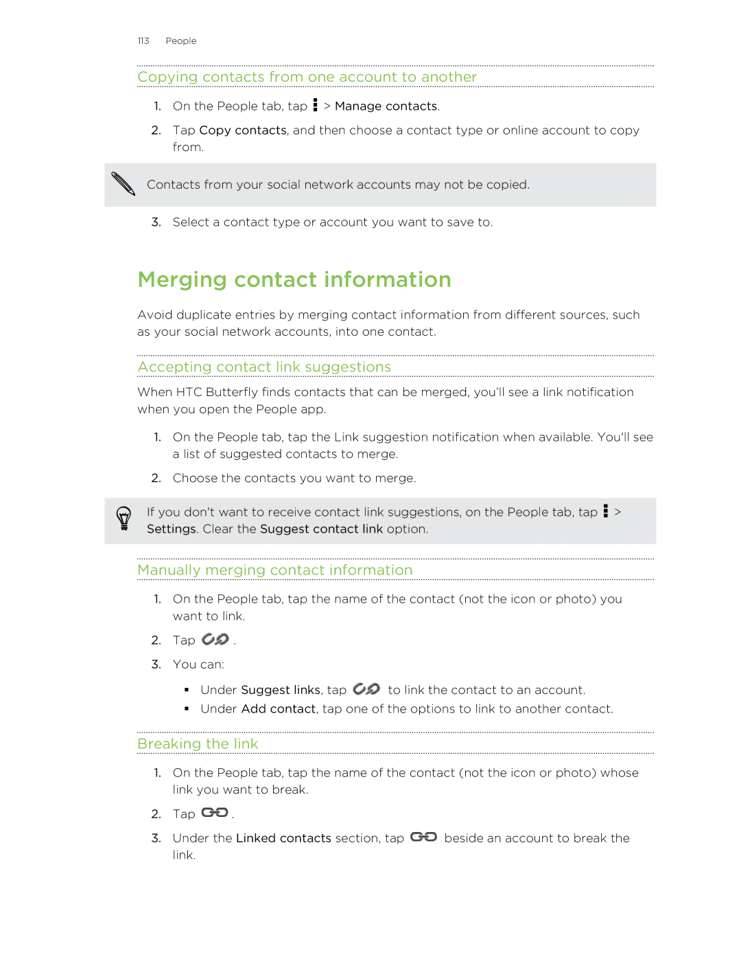 HTC Butterfly manual Merging contact information, Copying contacts from one account to another, Breaking the link 