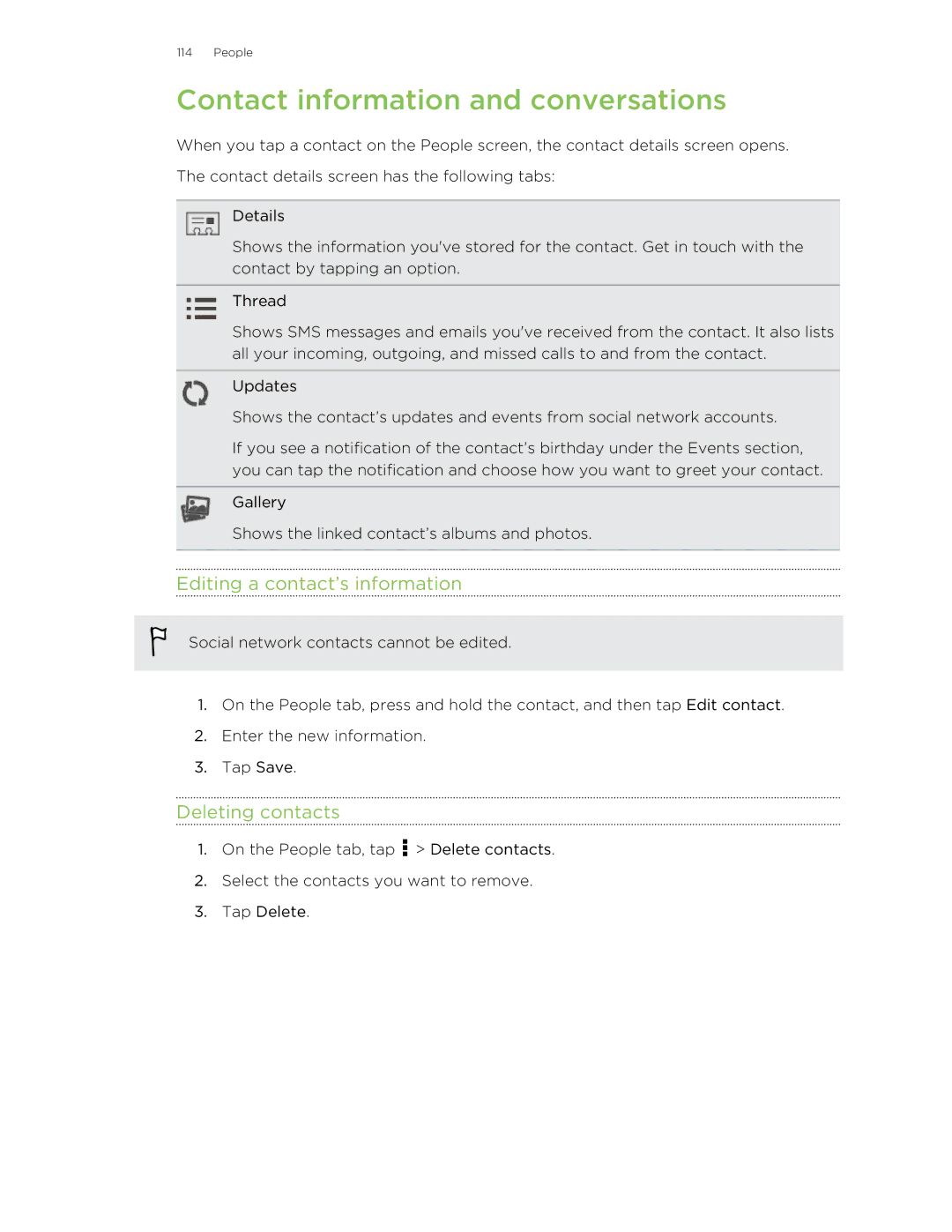 HTC Butterfly manual Contact information and conversations, Editing a contact’s information, Deleting contacts 