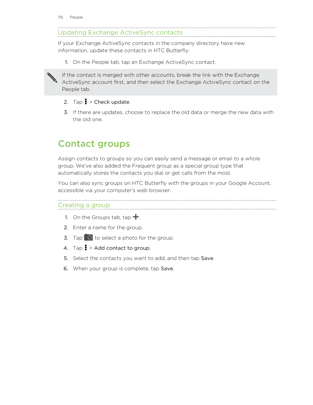 HTC Butterfly manual Contact groups, Updating Exchange ActiveSync contacts, Creating a group 