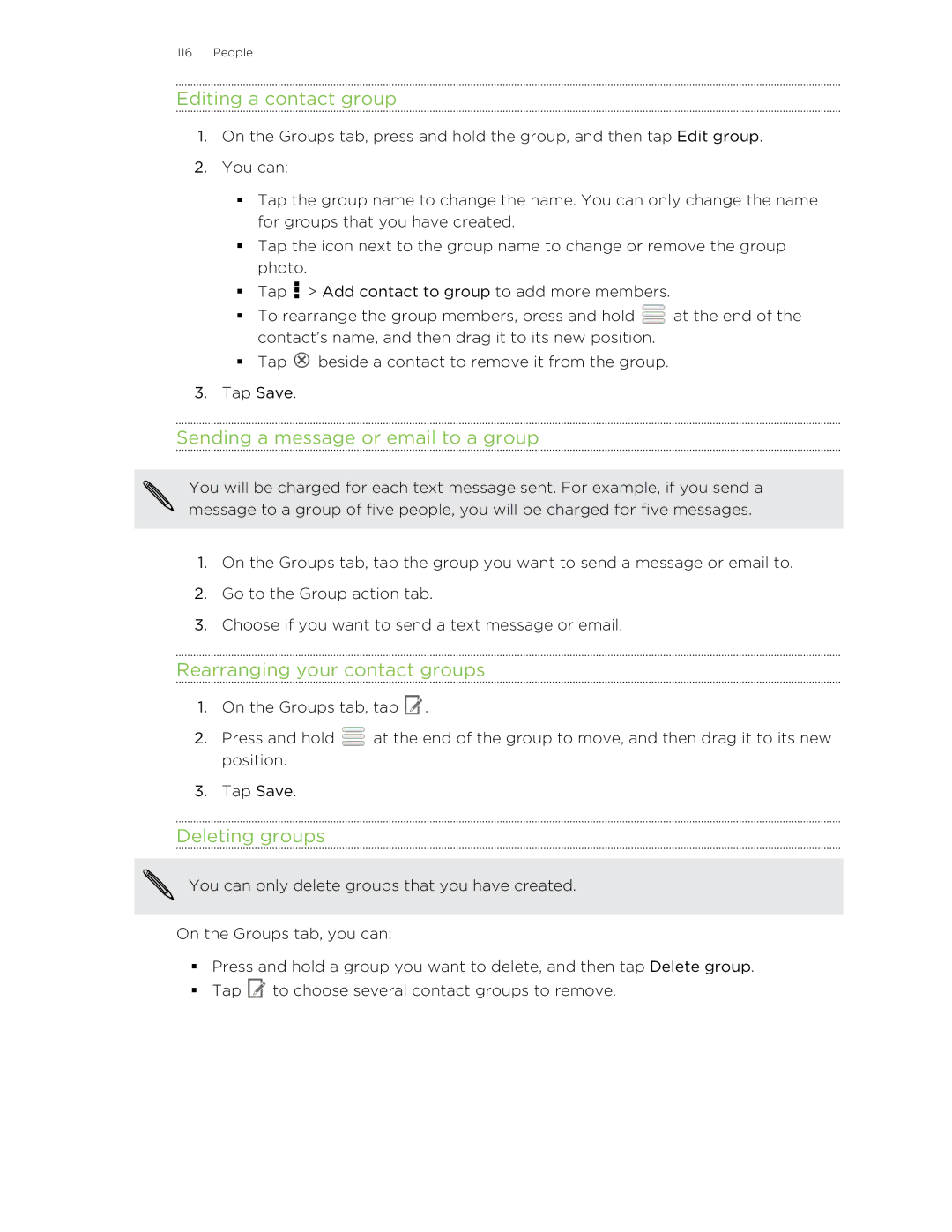 HTC Butterfly manual Editing a contact group, Sending a message or email to a group, Rearranging your contact groups 