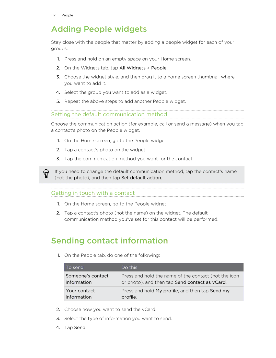 HTC Butterfly manual Adding People widgets, Sending contact information, Setting the default communication method 