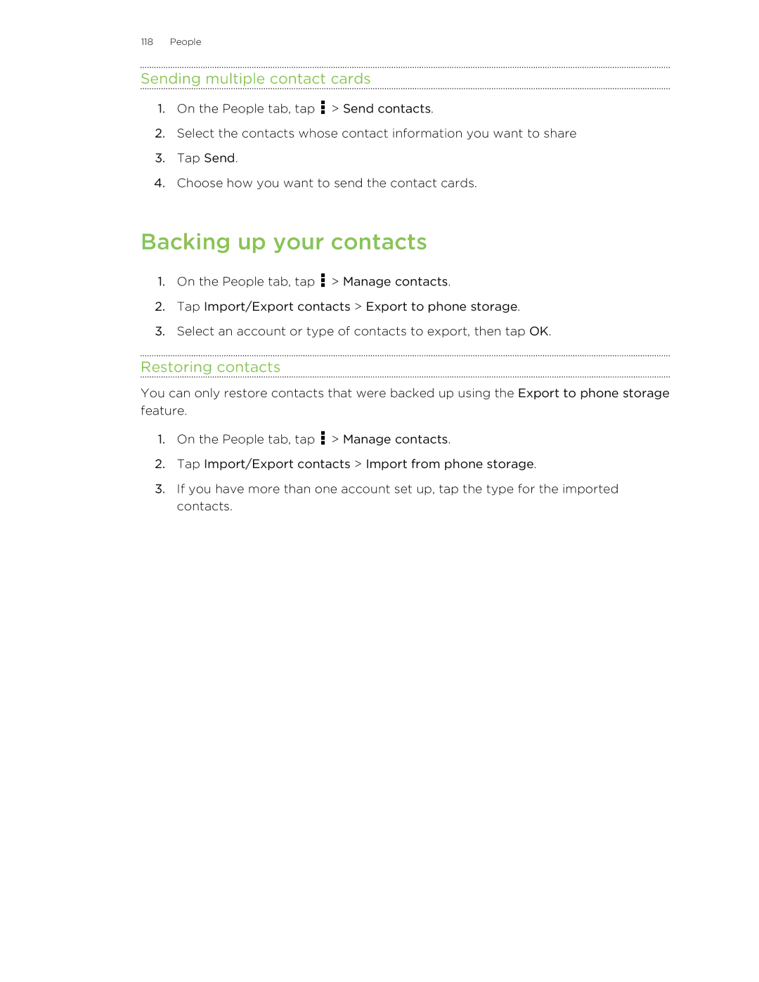 HTC Butterfly manual Backing up your contacts, Sending multiple contact cards, Restoring contacts 