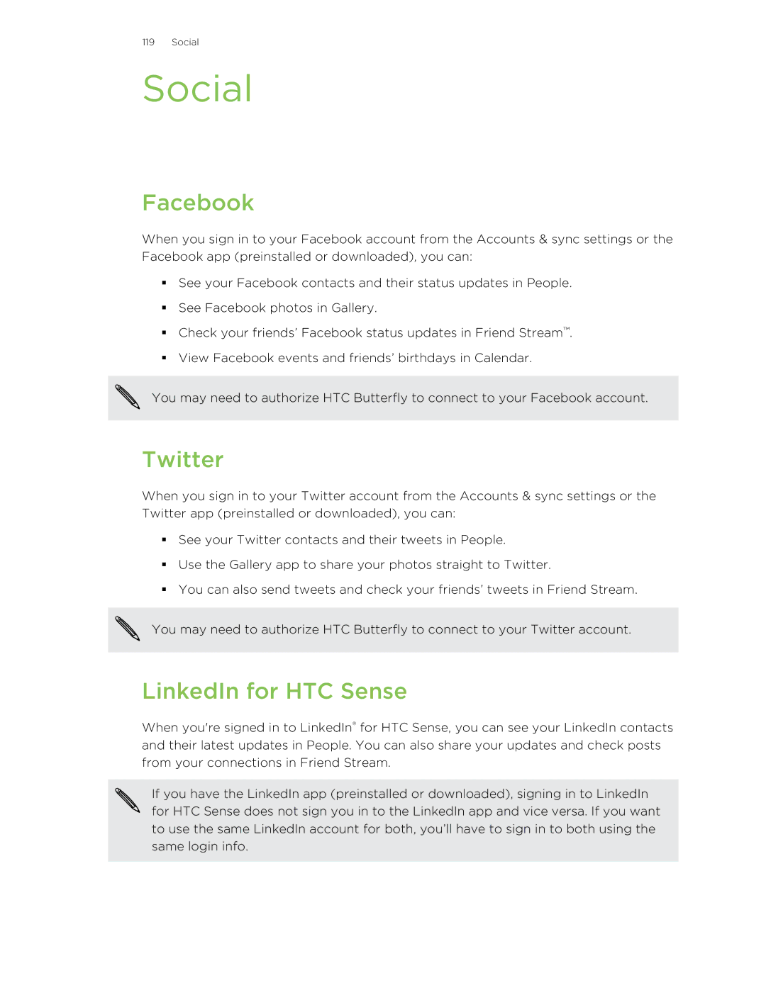 HTC Butterfly manual Social, Facebook, Twitter, LinkedIn for HTC Sense 