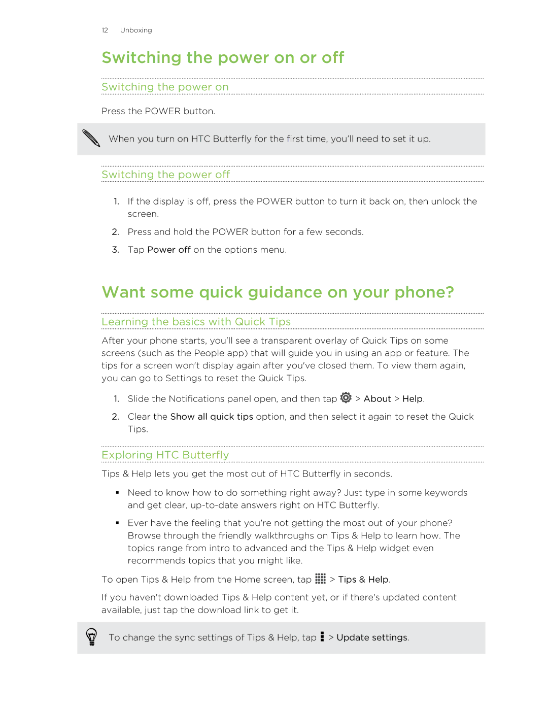 HTC Butterfly manual Switching the power on or off, Want some quick guidance on your phone? 