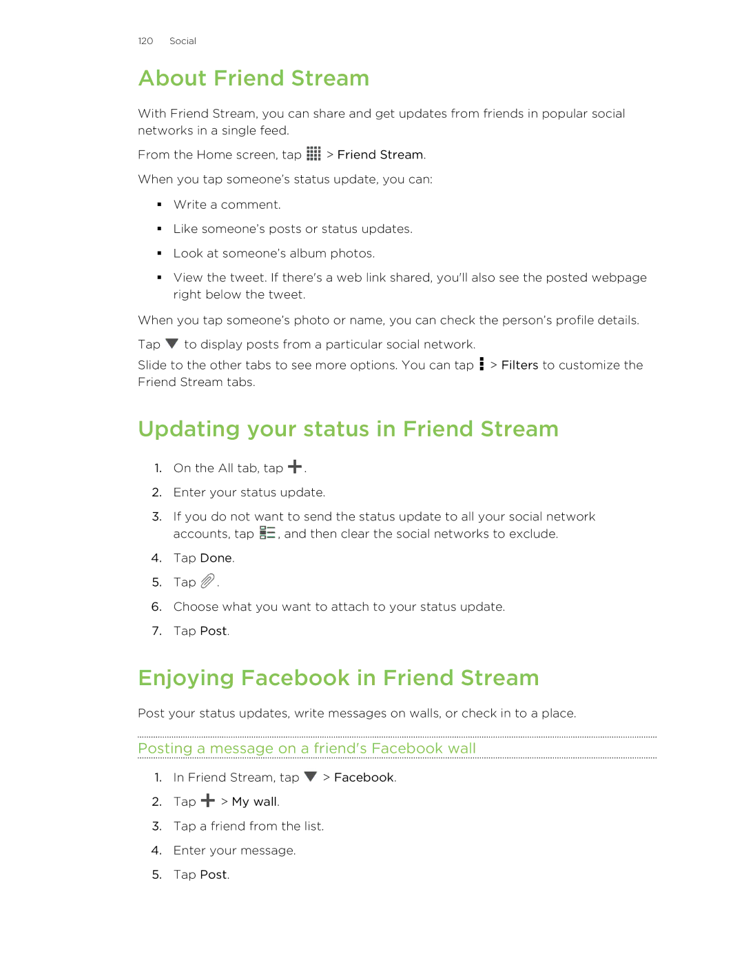 HTC Butterfly manual About Friend Stream, Updating your status in Friend Stream, Enjoying Facebook in Friend Stream 