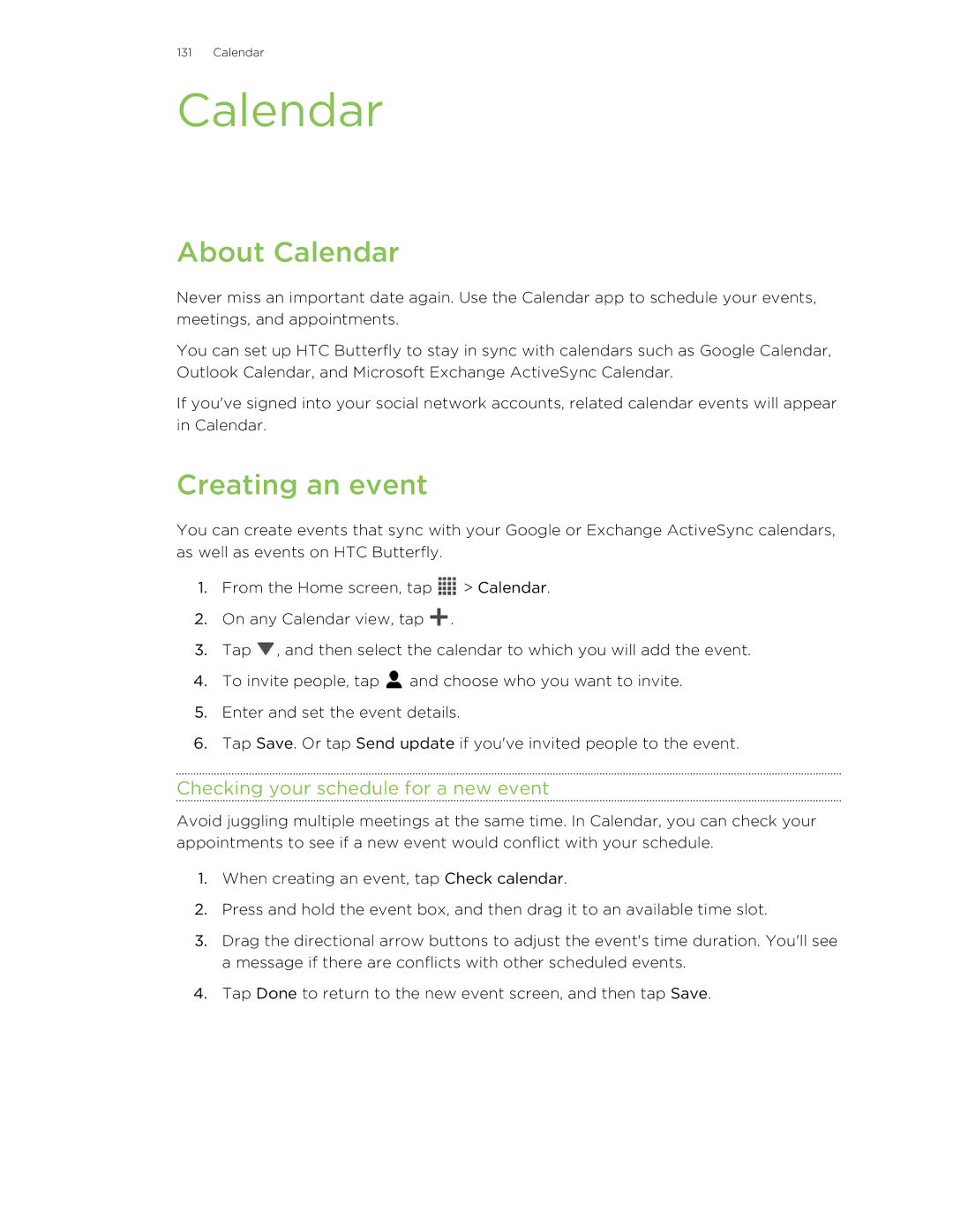 HTC Butterfly manual About Calendar, Creating an event, Checking your schedule for a new event 