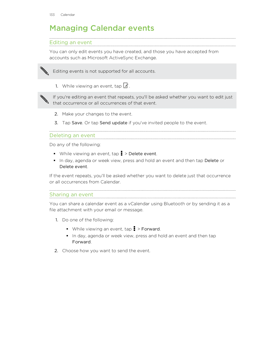 HTC Butterfly manual Managing Calendar events, Editing an event, Deleting an event, Sharing an event 